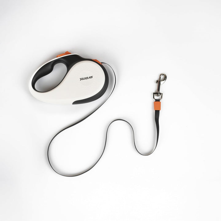 Julius-K9 Rollleine, M - 5 m Band, Weiss/Orange – Rutschfester Griff, Bandleine, ausziehbar, Einhand