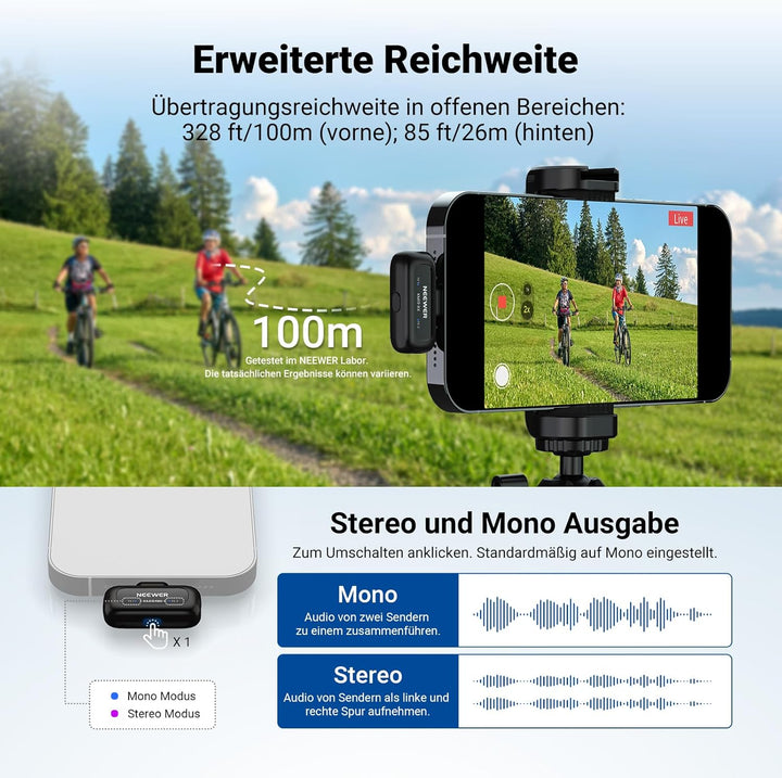 NEEWER KM19 drahtloses Lavalier Mikrofon, 48kHz/24 Bit, 30h Akkulaufzeit, 3 stufige Geräuschunterdrü