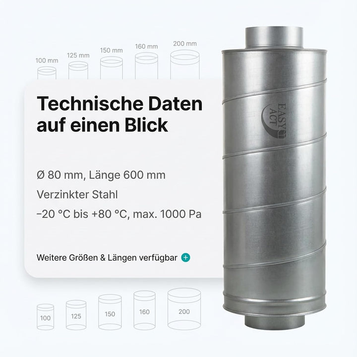 Easy Act Schalldämpfer Ø 100 mm, Länge 600 mm, effizienter Rohrschalldämpfer aus verzinktem Stahl zu