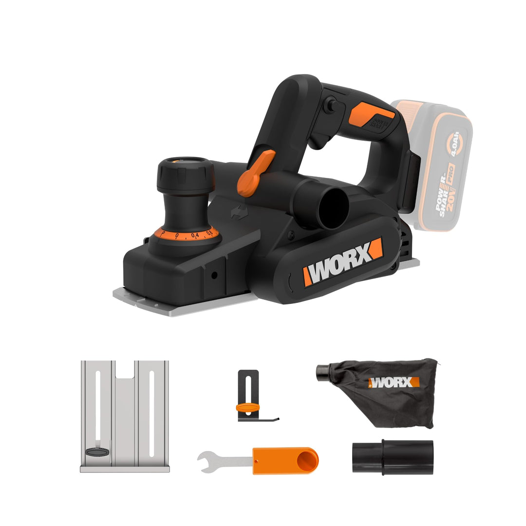 WORX WX620.9 Akku Hobel 20V, 82 mm Hobelbreite, Brushless Motor, 0–2 mm Spanabnahme, Falztiefe 0–8 m