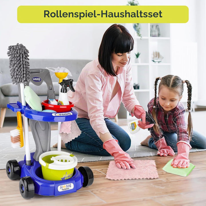 deAO Kinder Putzwagen ab 2 3 Jahre mit Wischmop, Eimer, Besen, Staubsauger, Bürsten, Kehrschaufel, H