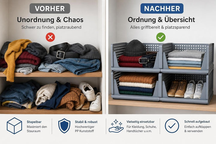 Kleiderschrank Organizer 4er Set – faltbare, stapelbare Aufbewahrungsboxen aus PP Kunststoff für Kle
