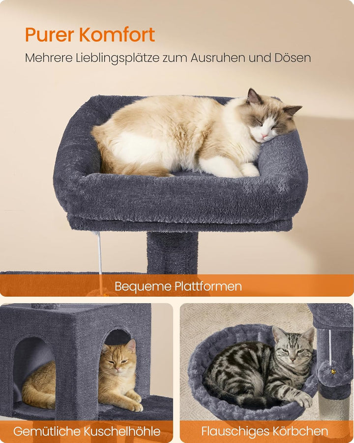 Feandrea Kratzbaum, 136 cm hoch, Katzenbaum, mehrstöckiges Katzenhaus, mit 4 Kratzsäulen, 3 Plattfor
