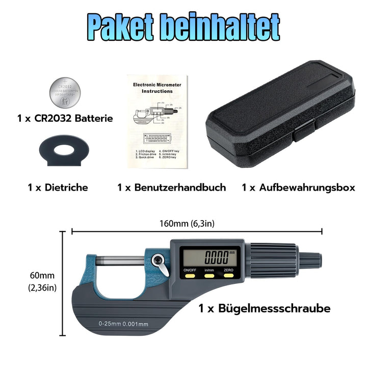 Digitales Mikrometer 0-25mm, LCD Bügelmessschraube Elektronische Aussendurchmesser Messschraube mit