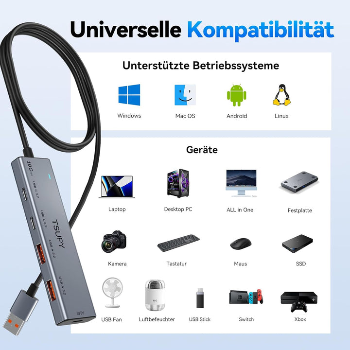 TSUPY USB Hub 3.2 Gen 2, 10Gbps USB Splitter mit 2* usbc 3.2 und 2*USB-a 3.2 Ports, usb3.2 Verteiler