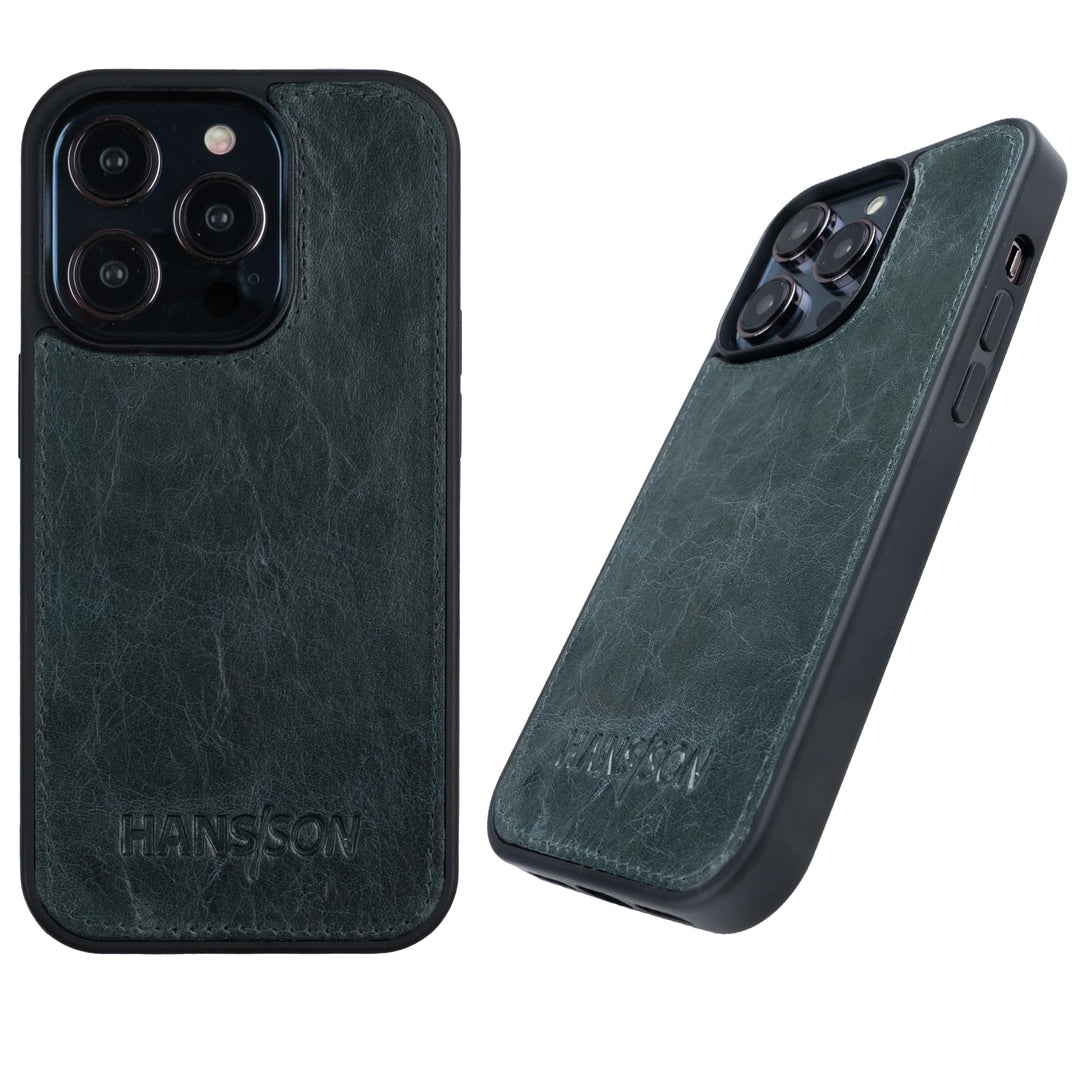 HANS/SON Hülle aus Echtleder | iPhone 14 Pro Max | Blaue Ledercase | 6,7 Zoll | Schmal | Stossfest |