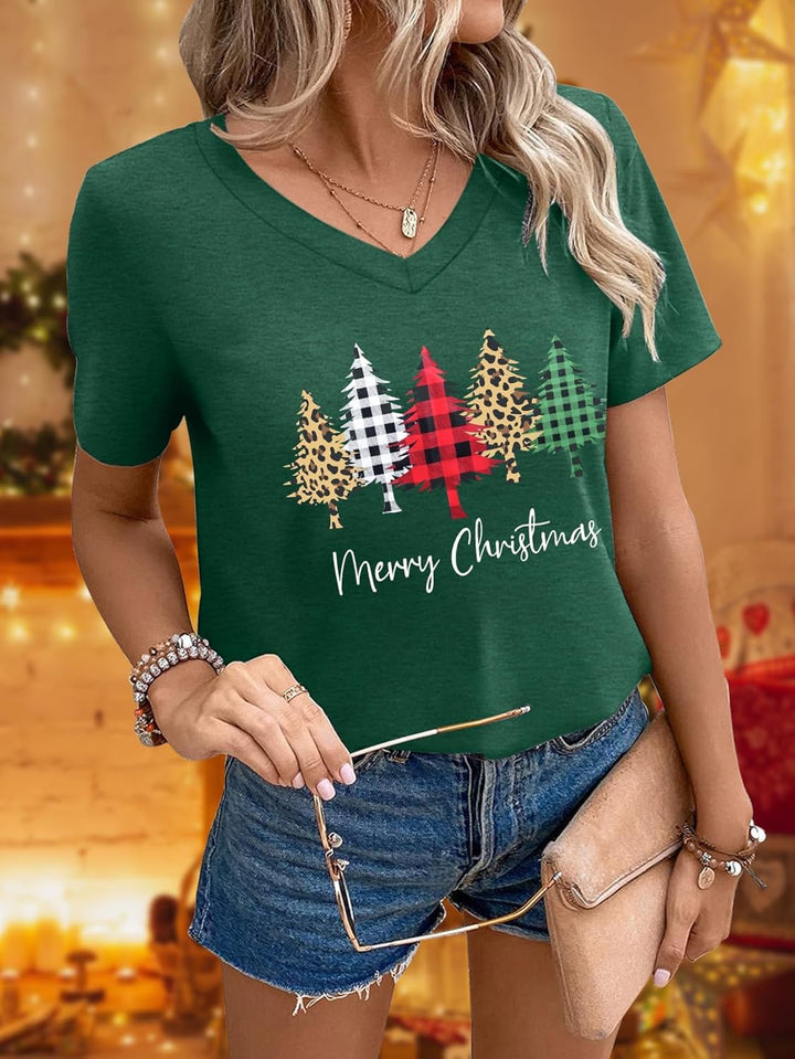 hohololo Weihnachts Tshirt Damen Christmas Shirt Merry Christmas V-Ausschnitt-T-Shirt Grün2 L, Gr&#x