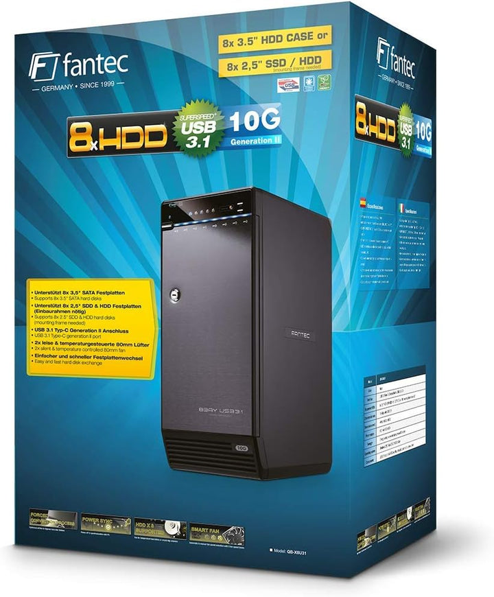 FANTEC QB-X8U31 8fach USB3.2 Gen2 Festplattengehäuse für 8X SATA 3,5/2,5 Zoll HDDs oder SSDs, Transf