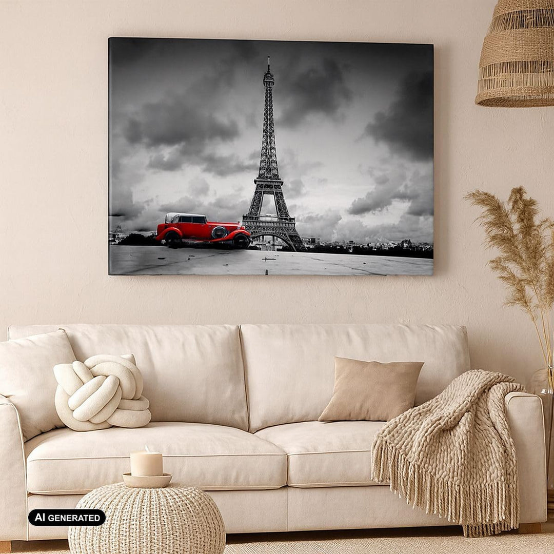 Bilder auf Leinwand 100x70cm Leinwandbild Auto Eiffle Paris Stadt Gross Wanddeko Bild Schlafzimmer K
