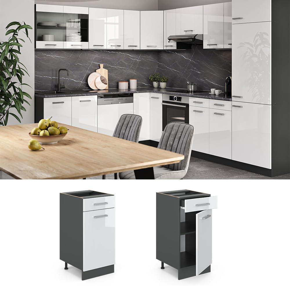 Vicco Küchenunterschrank R-Line, Weiss Hochglanz/Anthrazit, 40 cm ohne Arbeitsplatte Weiss Hochglanz