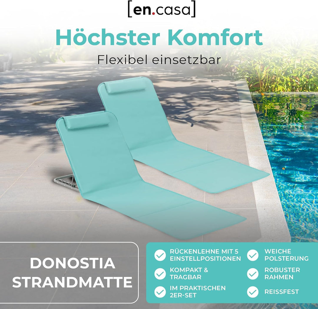 [en.casa] Strandmatte Donostia 2er Set Sonnenmatte klappbar Türkis Strandliege mit Verstellbarer Rüc