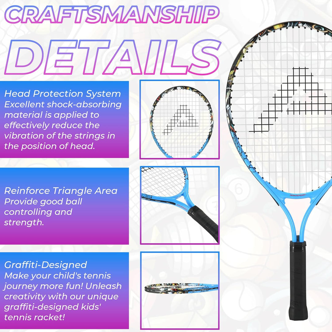 AMA SPORT - Junior-Tennisschläger für Kinder von 2–12 Jahren – Jungen & Mädchen – mit Nylon-Tragetas