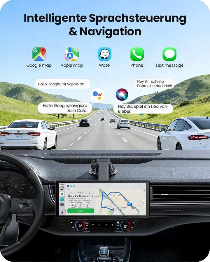 9,26" Tragbarer CarPlay Display für Apple CarPlay &amp; Android Auto mit 4K-Dashcam &amp; HD-Rückfahrkamera,