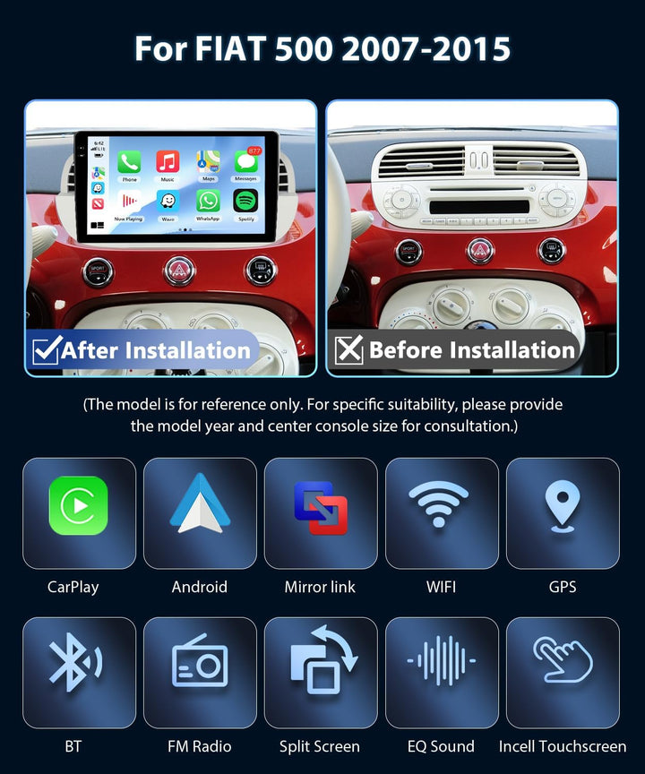 4GB+64GB Autoradio für FIAT 500 2007-2015 Radio mit Carplay, Wireless Android Auto 9 Zoll Incell Bil