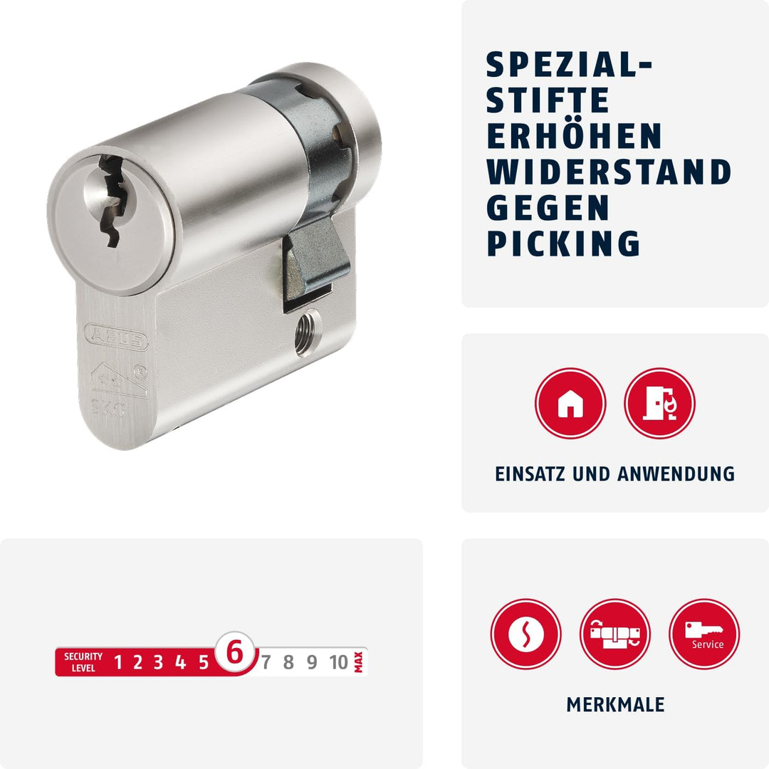 Abus E60NP Nickel Pearl 10/50 Half Cylinder Doppelzylinder 10 x 50 mm, Doppelzylinder 10 x 50 mm