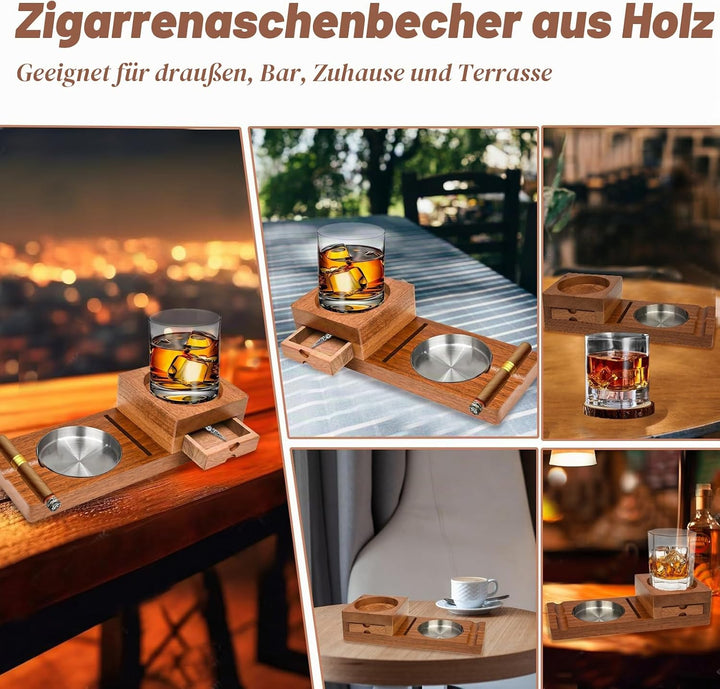 Zigarren-Aschenbecher, Whiskey-Untersetzer, Holzuntersetzer, Tablett und Zigarrenhalter mit Schublad
