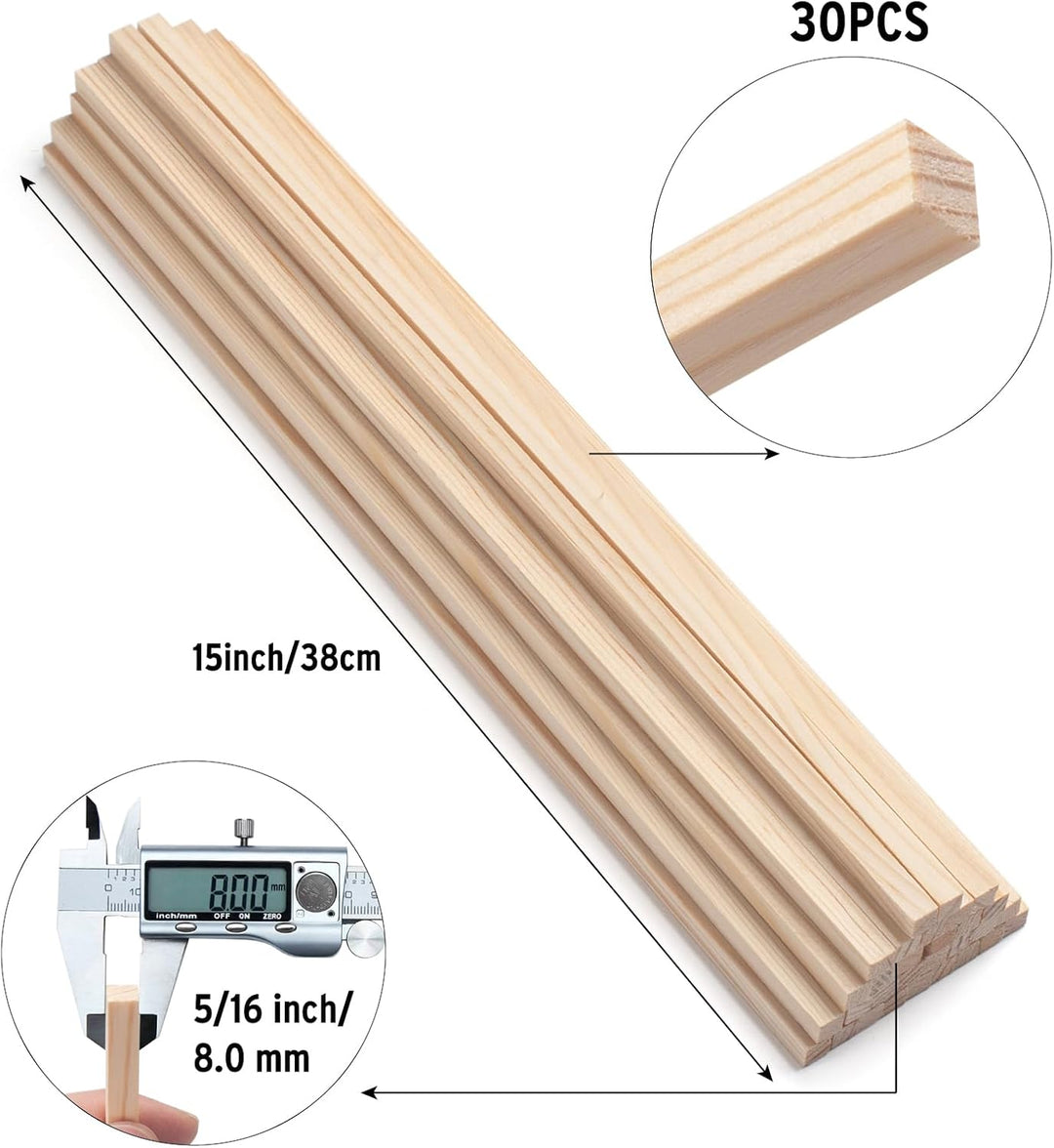 Quadratische Holzdübel, 5/16 Zoll x 38 cm, 30 Stück, unlackierte Hartholzstäbe zum Basteln 5/16"×15"