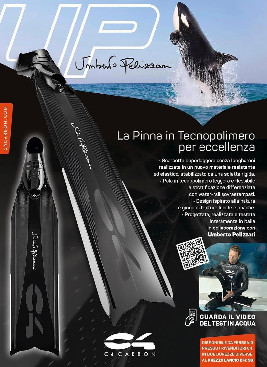 Umberto Pelizzari C4 Flossen – Schaufel weich und mittelgross aus Technopolymer mit Schuh 250 Apnoe