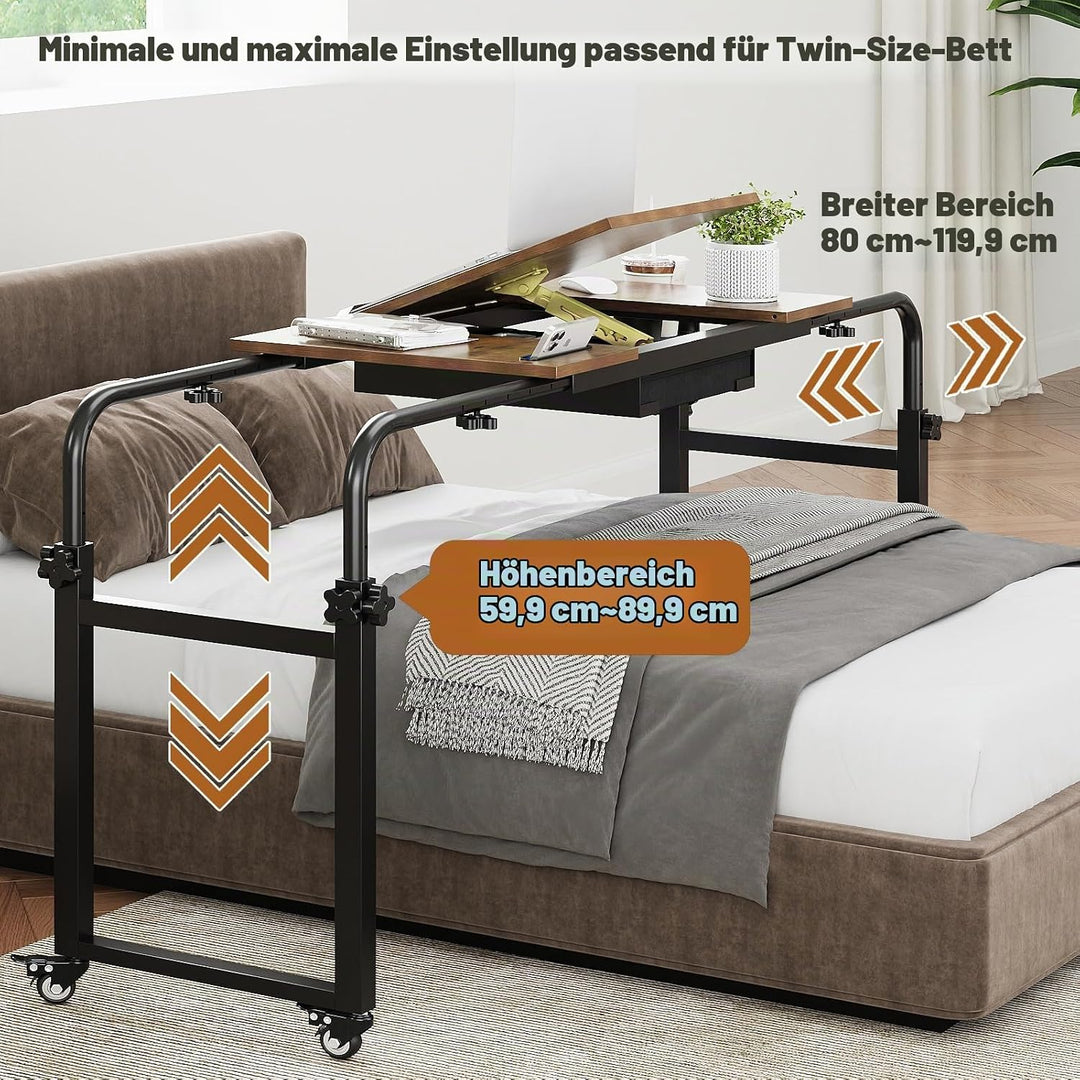 VEDECASA Überbett-Tisch auf Rollen, höhenverstellbar, Betttisch für Krankenhaus &amp; Zuhause, mobil, st