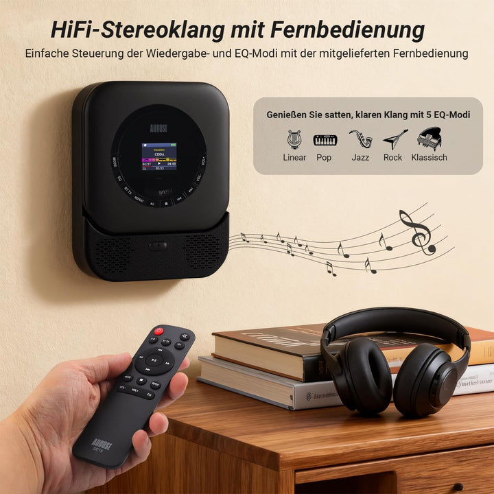 August SE15 Tragbarer Bluetooth 5.3 CD Player mit Lautsprecher 3,5mm Audio In/Out Wiederaufladbar CD