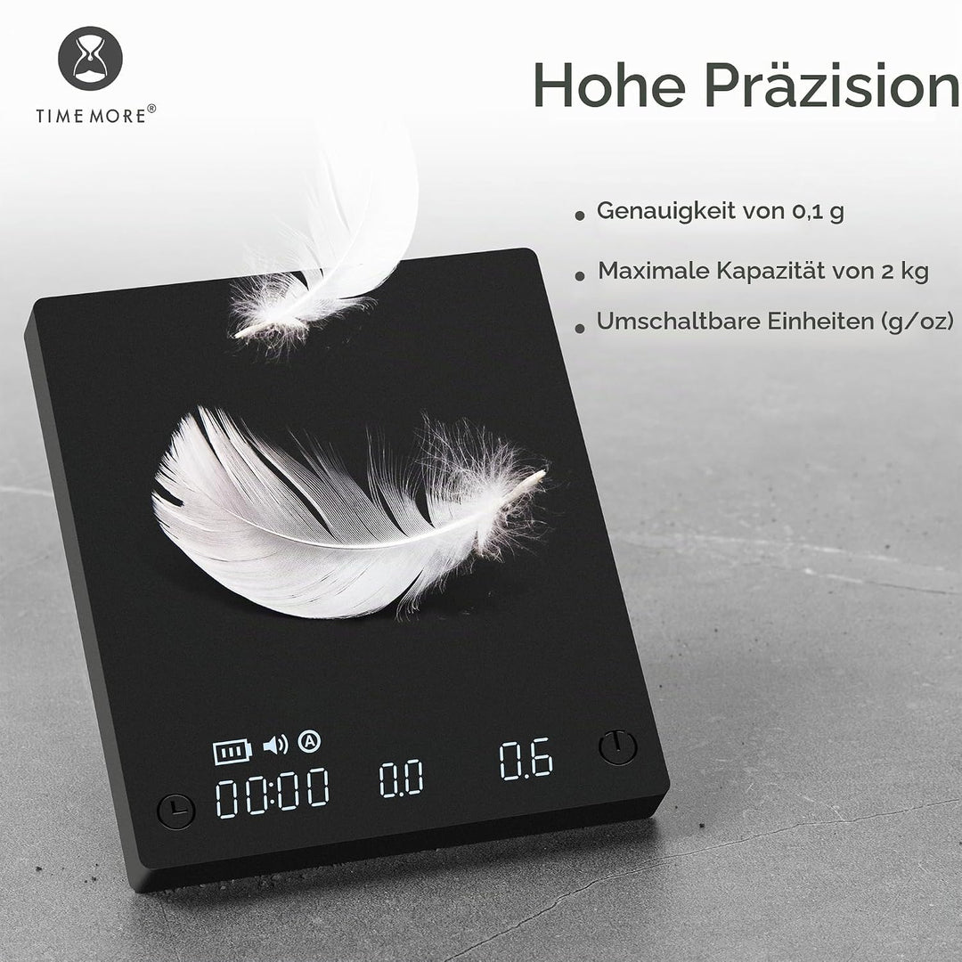 TIMEMORE Black Mirror Mini, digitale Kaffeewaage mit Timer, 2 kg/0,1 g, Durchflussrate-Funktion, kom