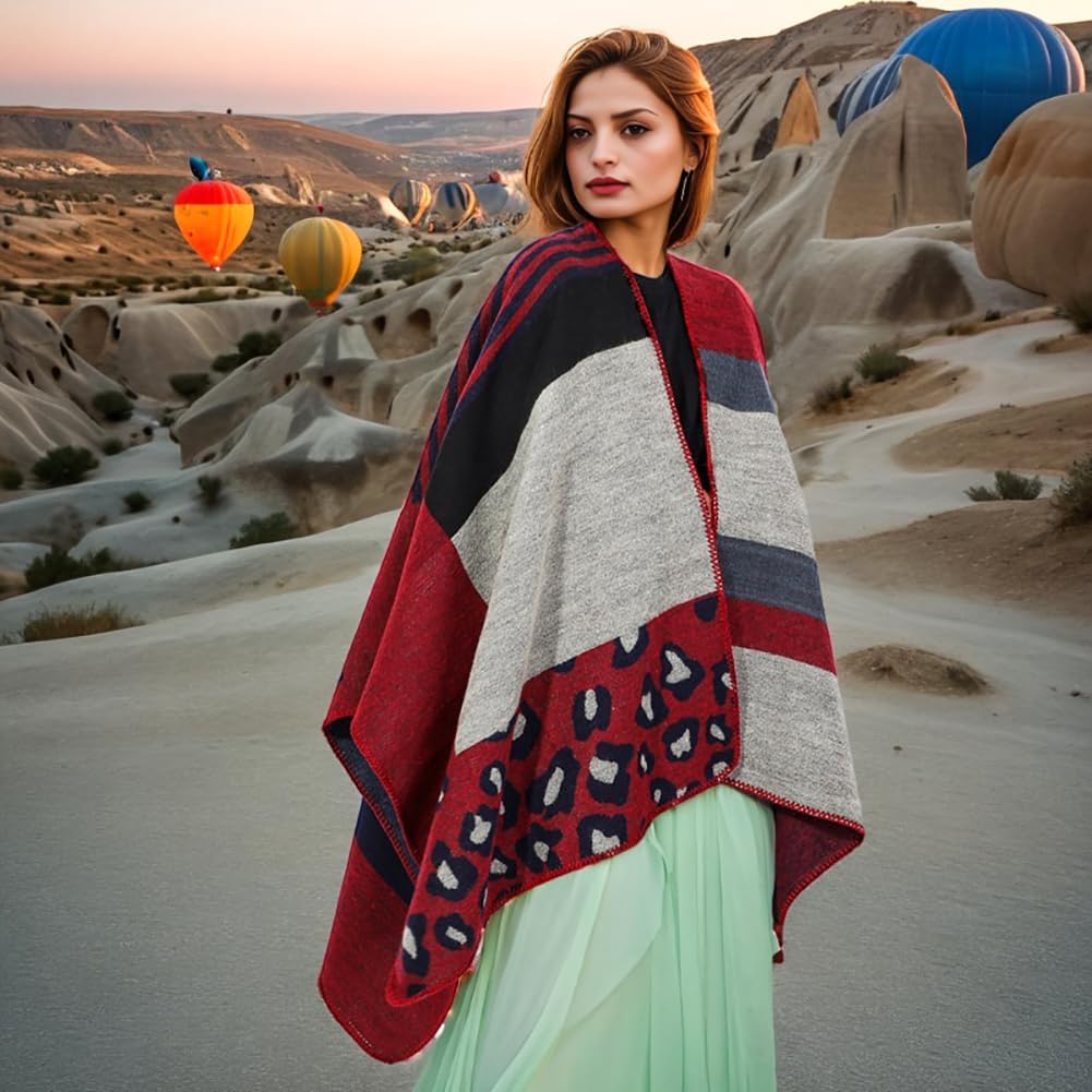 Shmily Girl - Damen Poncho Habe Gestrickt Überdimensionalen Decke Kap-Schal Leopard / Rot, Leopard /