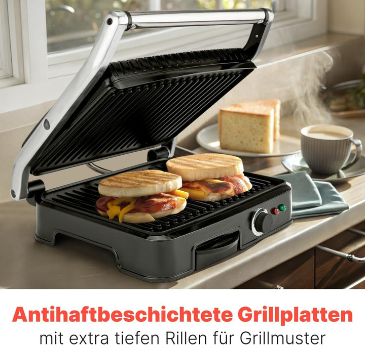 Clatronic KG 3487 Kontaktgrill für beidseitiges, fettfreies Grillen, antihaftbeschichtete Grillplatt