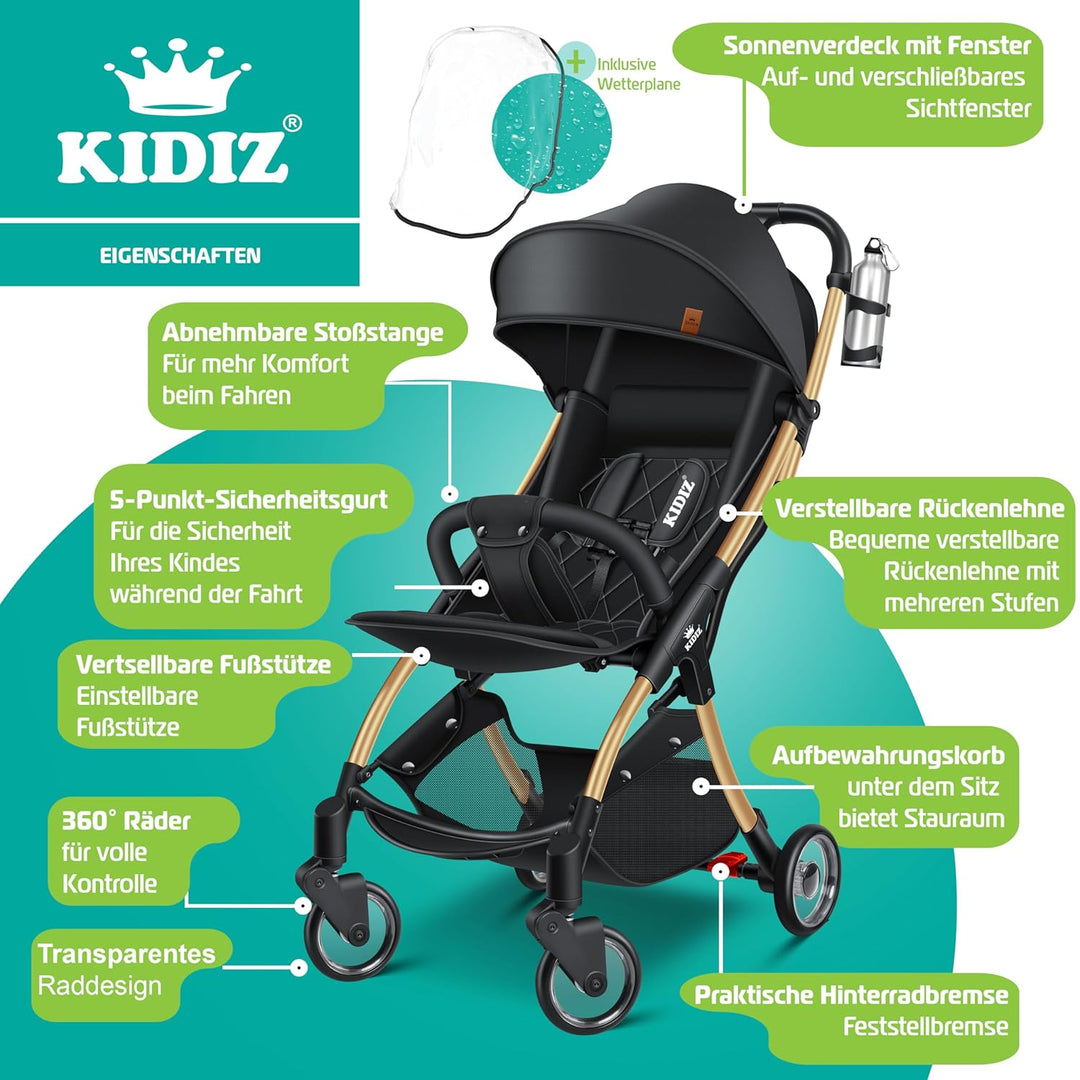 KIDIZ® Kinderwagen Premium Kinderbuggy klappbar Liegebuggy Sportwagen Faltbar 360°Räder 5-Punkt Gurt