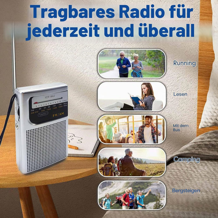 Tragbares FM-Radio, kleines Radio mit analoger Kopfhörer-Tuner, Transistor-Taschenradio mit Handschl