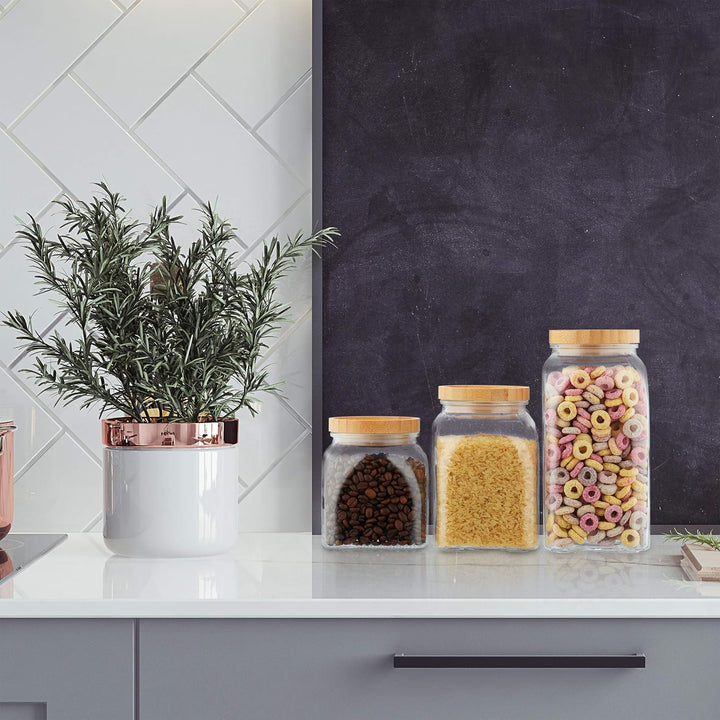 Relaxdays Vorratsgläser, 3er Set, Grössen 600, 1000, 1400 ml, für Müsli, Pasta, Linsen, Bambusdeckel