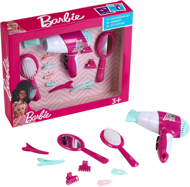 Theo Klein 5790 Barbie Frisier-Set I Zubehör und Accessoires im Barbie-Look I Inkl. Kinder-Föhn mit