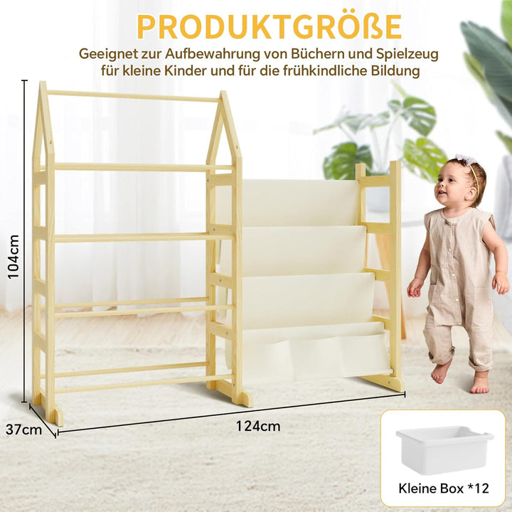 Bücherregal Kinder Spielzeug Aufbewahrung Regal Holz, mit 12 Boxen Spielzeug Regal Kinderzimmer, Mon