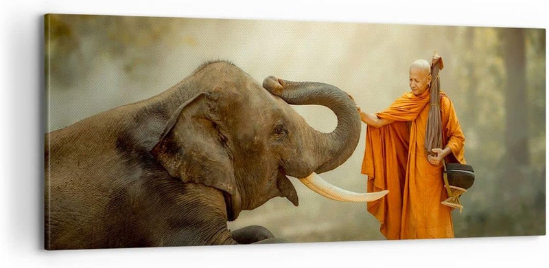 Panorama Bilder auf Leinwand 100x40cm Leinwandbild Elefant Mönch Stosszahn Gross Wanddeko Bild Schla