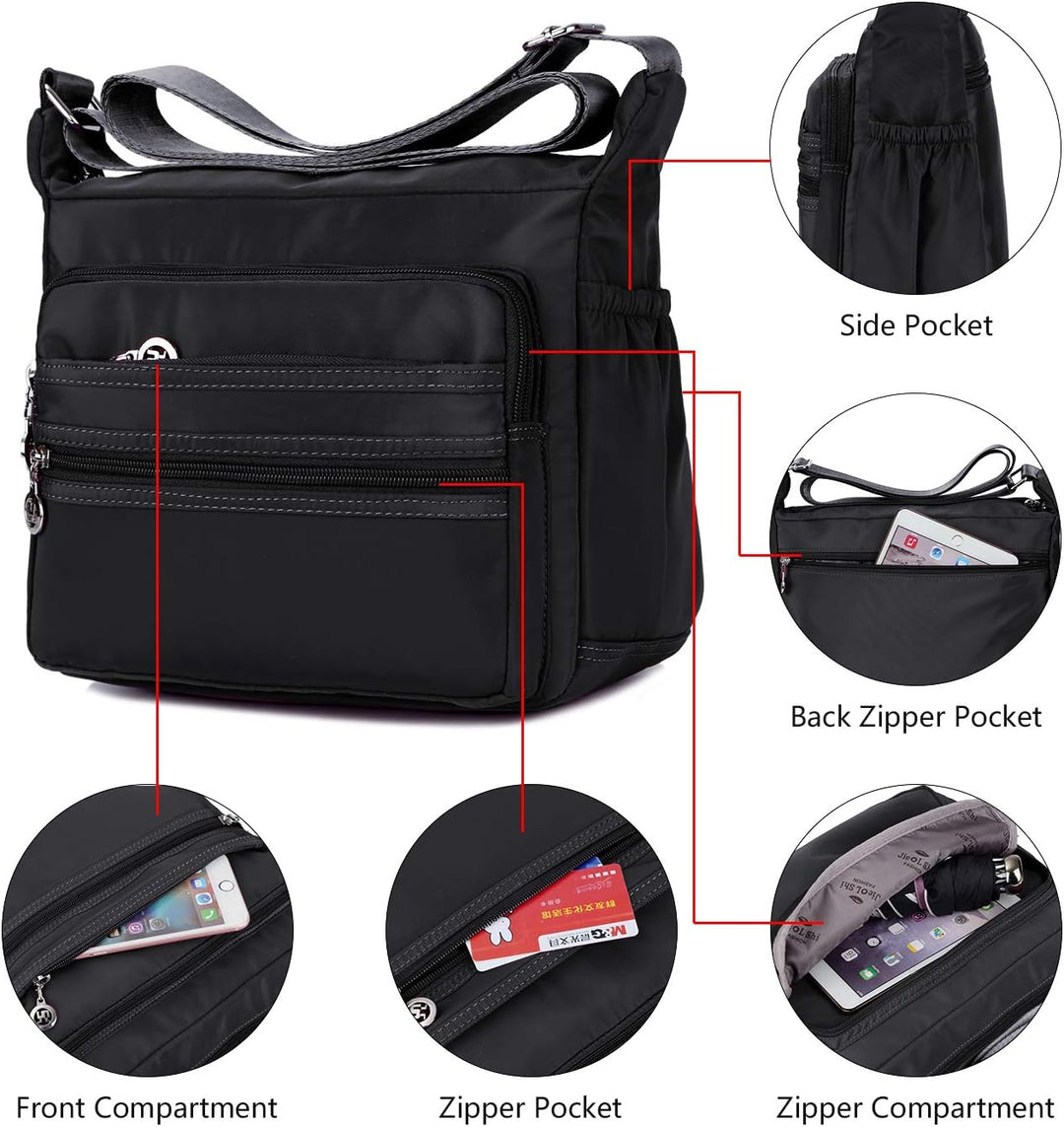 NOTAG Umhängetasche Damen, Wasserdicht Nylon Schultertasche Mehrfachtasche Handtasche mit RFID Geldb