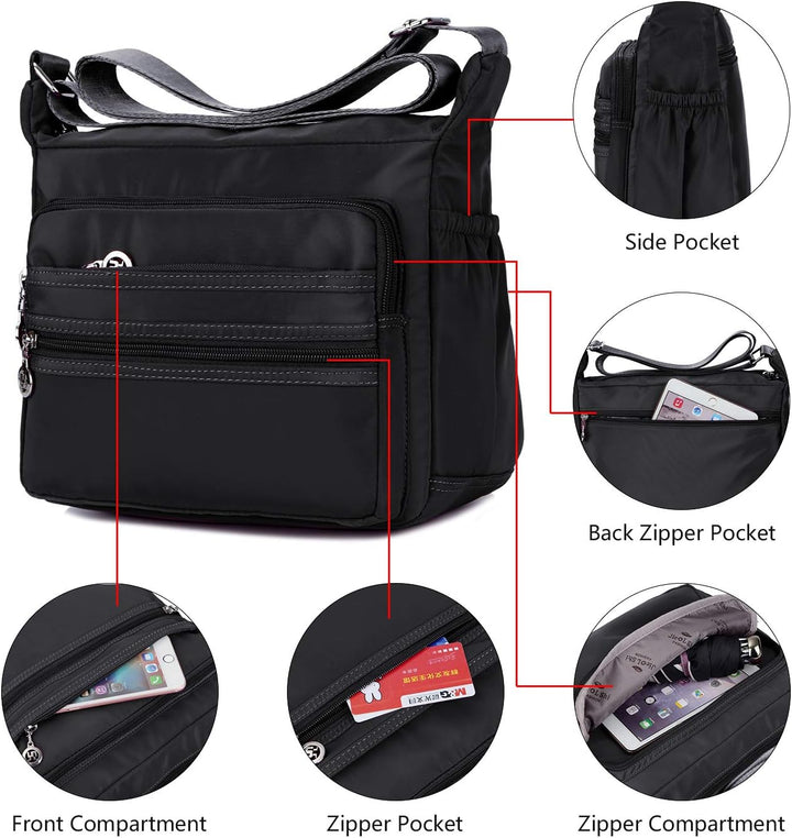 NOTAG Umhängetasche Damen, Wasserdicht Nylon Schultertasche Mehrfachtasche Handtasche mit RFID Geldb