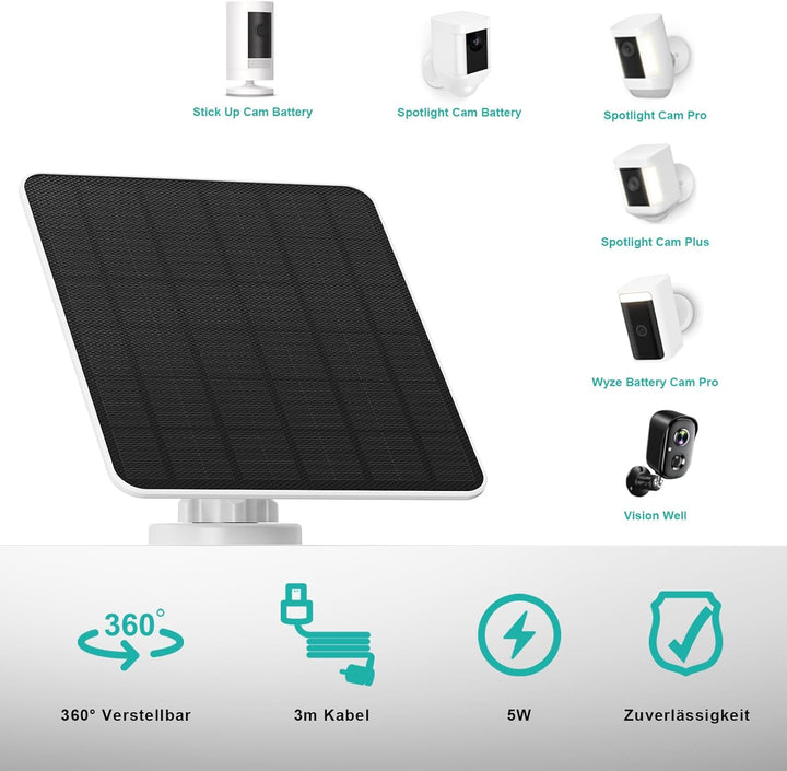 Solarpanel für Ring Kamera, 5W Solar Charger für Ring Stick Up Cam/Pro Akku, Spotlight Cam Plus/Pro