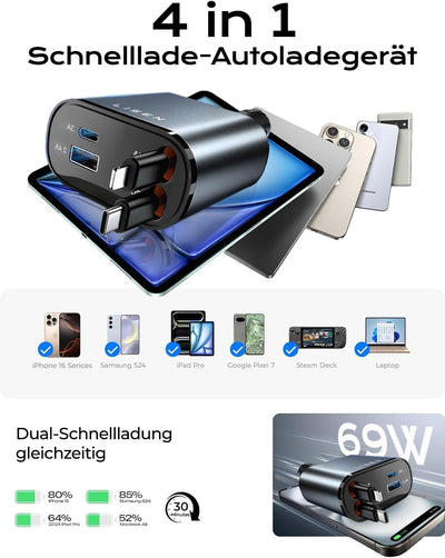 LISEN 69W Einziehbares Zigarettenanzünder USB C Schnellladegerät Ladegerät Auto Retractable ladekabe