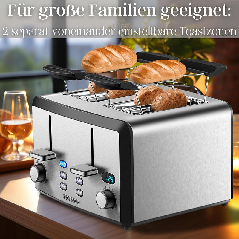 XXL Toaster 4 Toastschlitze | Toastautomat | 1600 Watt | 6-Stufen Bräuneregler | 2x Brötchenaufsatz