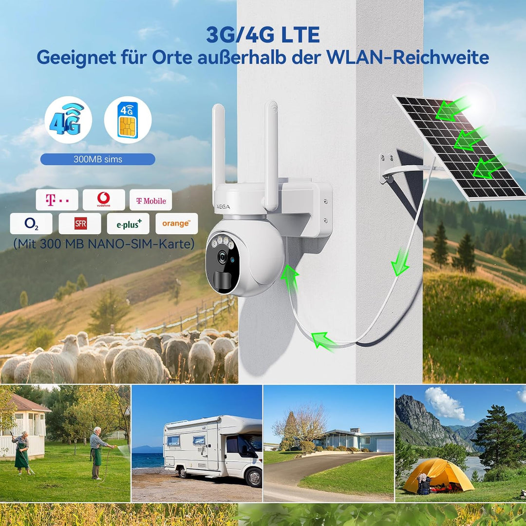 Xega 4G LTE Überwachungskamera Aussen Solar mit SIM Karte - 2K HD 3MP PTZ Kabellos Kamera Ohne WLAN