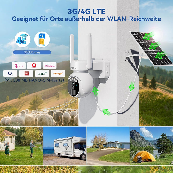 Xega 4G LTE Überwachungskamera Aussen Solar mit SIM Karte - 2K HD 3MP PTZ Kabellos Kamera Ohne WLAN