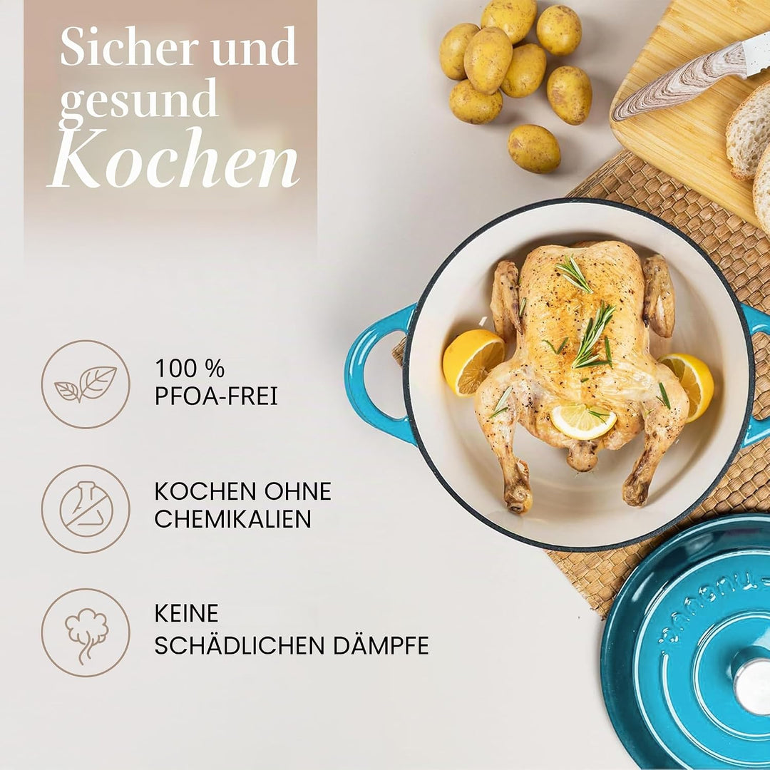 Gusseisen-Topf mit Deckel – Emaille-Schmortopf mit Antihaft, Ofenfest bis 260°C – Blau, 4.7 Liter, 2