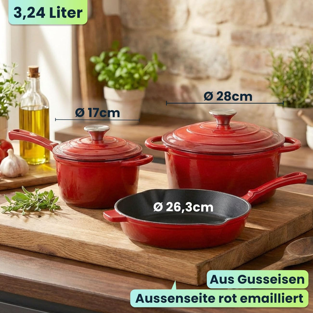 Profi Gusseisen Topfset 3-teilig, Set aus Pfanne, Kochtopf und Stielkasserolle, Emailliertes Kochges