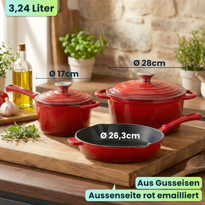 Profi Gusseisen Topfset 3-teilig, Set aus Pfanne, Kochtopf und Stielkasserolle, Emailliertes Kochges