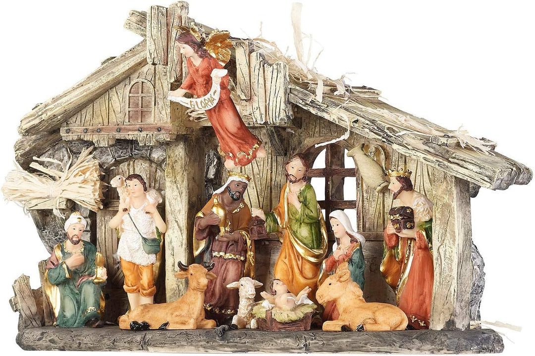 PEARL Krippen: Weihnachtskrippe aus Polyresin mit 11 handbemalten Figuren (Krippe mit handbemalten