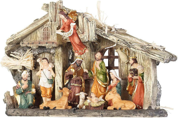 PEARL Krippen: Weihnachtskrippe aus Polyresin mit 11 handbemalten Figuren (Krippe mit handbemalten