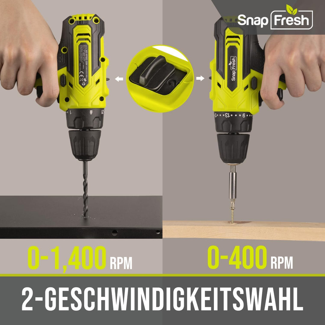 SnapFresh Akku-Bohrschrauber Set 20V – Nur 0,8kg, 35N·m Drehmoment, 2-Gang, LED-Licht, 43tlg Zubehör