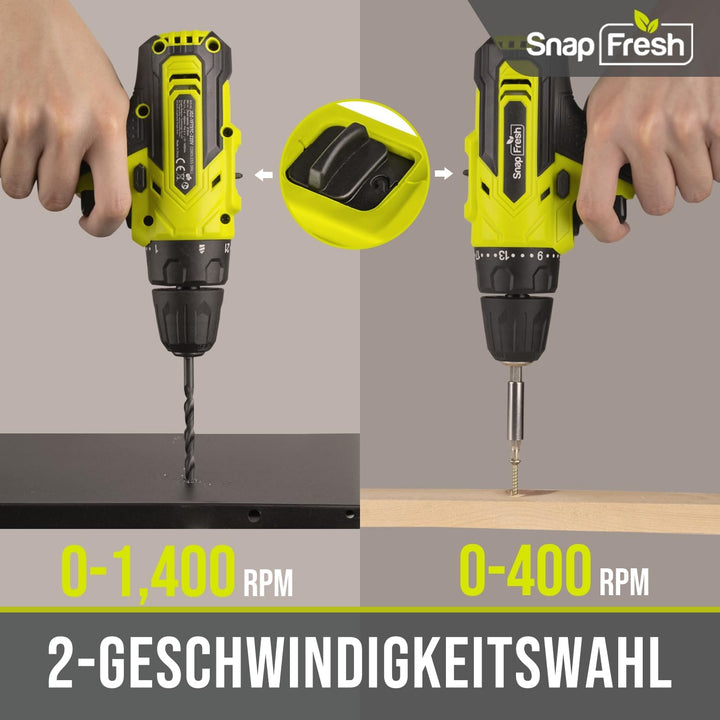 SnapFresh Akku-Bohrschrauber Set 20V – Nur 0,8kg, 35N·m Drehmoment, 2-Gang, LED-Licht, 43tlg Zubehör