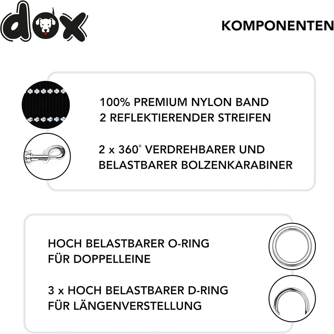 DDOXX Reflektierende Nylon Hundeleine - 2m, 3fach verstellbare Hundeleine für alle Hundegrössen - M