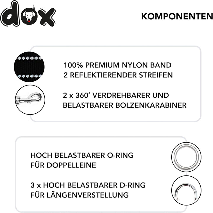 DDOXX Reflektierende Nylon Hundeleine - 2m, 3fach verstellbare Hundeleine für alle Hundegrössen - M
