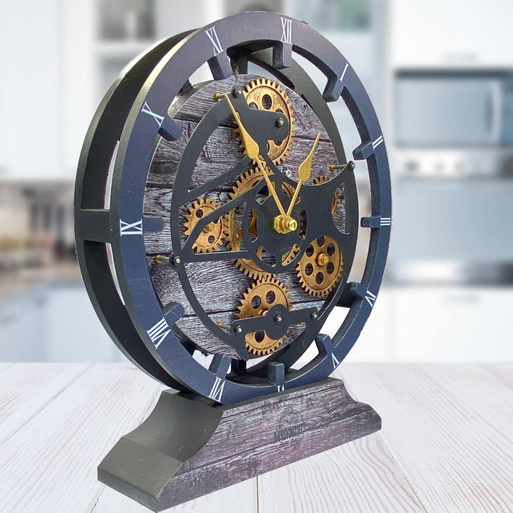 Tischuhr 25,4 cm mit echten beweglichen Zahnrädern umwandelbar in Wanduhr (Carbongrau)